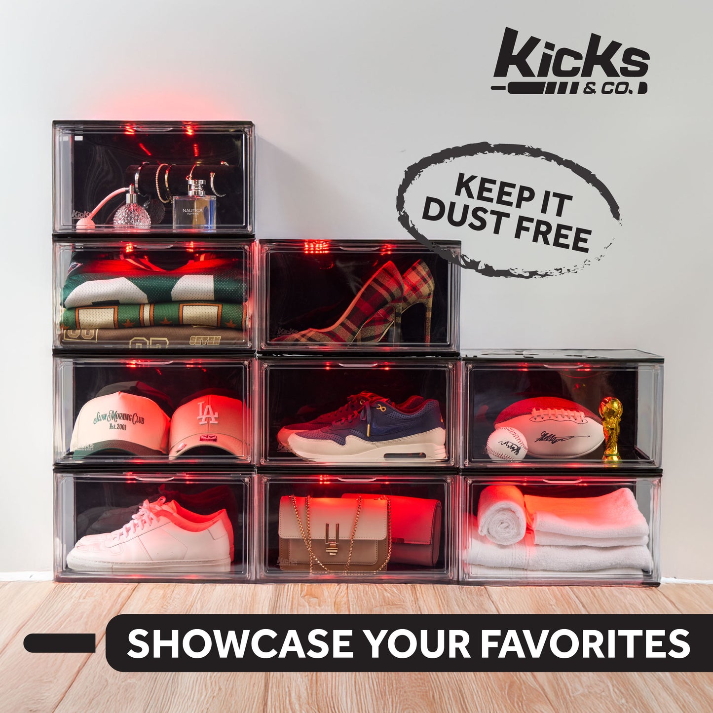 Kicks & Co Shoe Display Box XL with LED Lighting, remote control, USB Powered, 1 pack