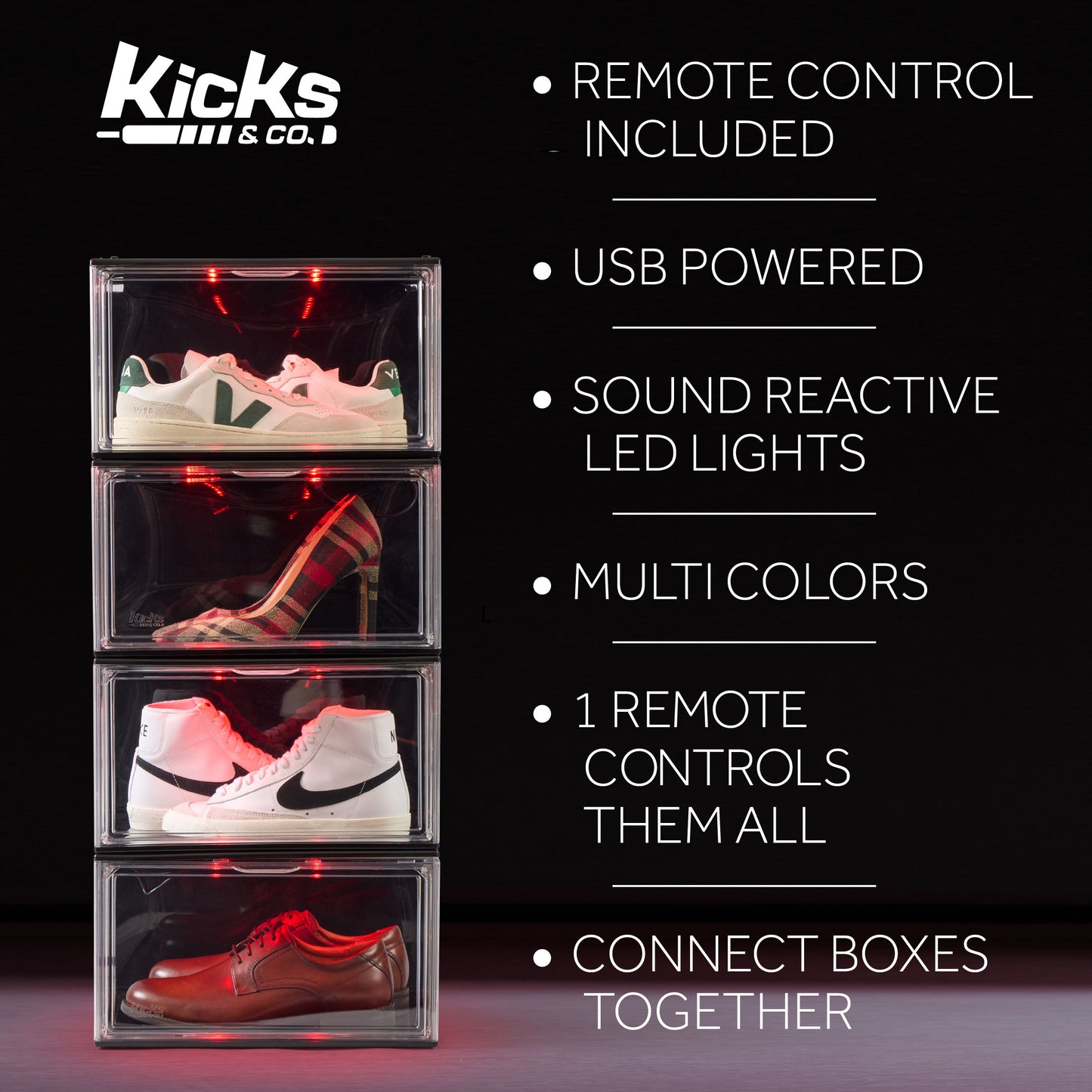 Kicks & Co Shoe Display Box XL with LED Lighting, remote control, USB Powered, 1 pack
