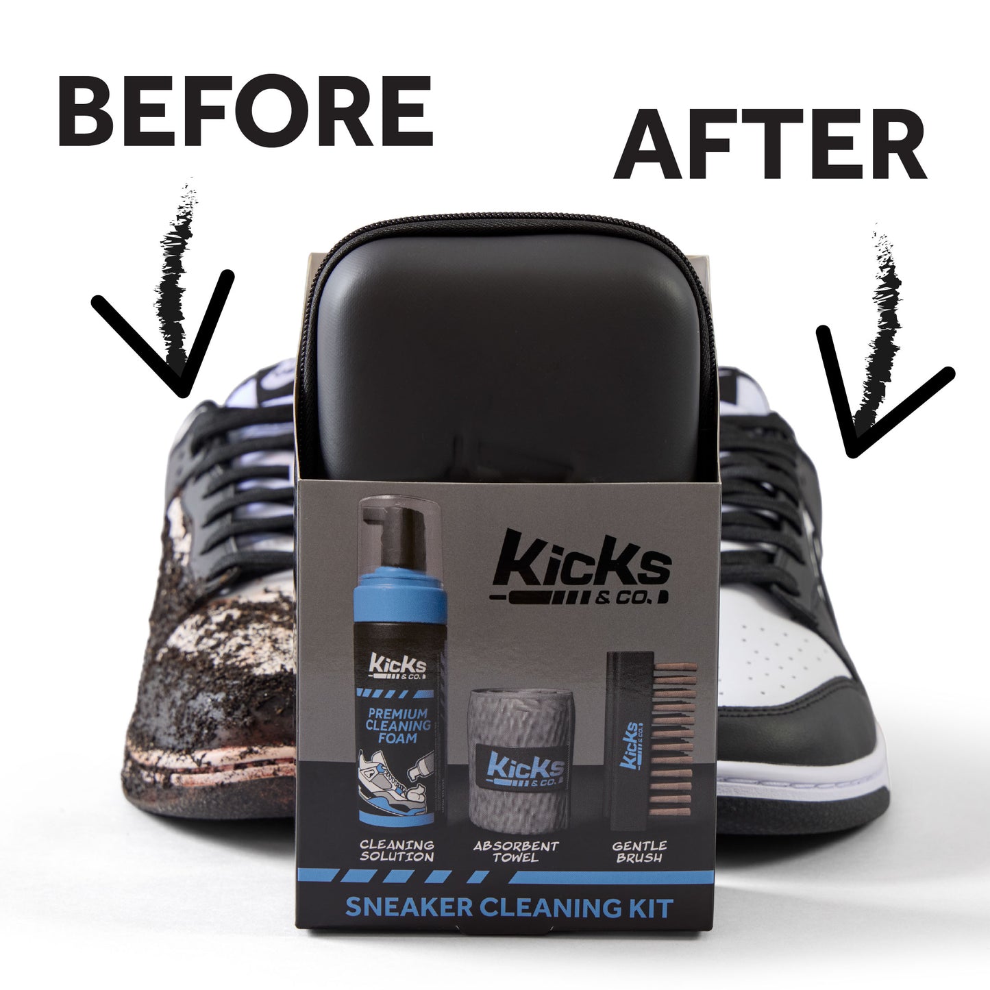 Kicks & Co Shoe Cleaning Kit, Includes Cleaning Solution, Brush, Towel, Zippered Travel Kit