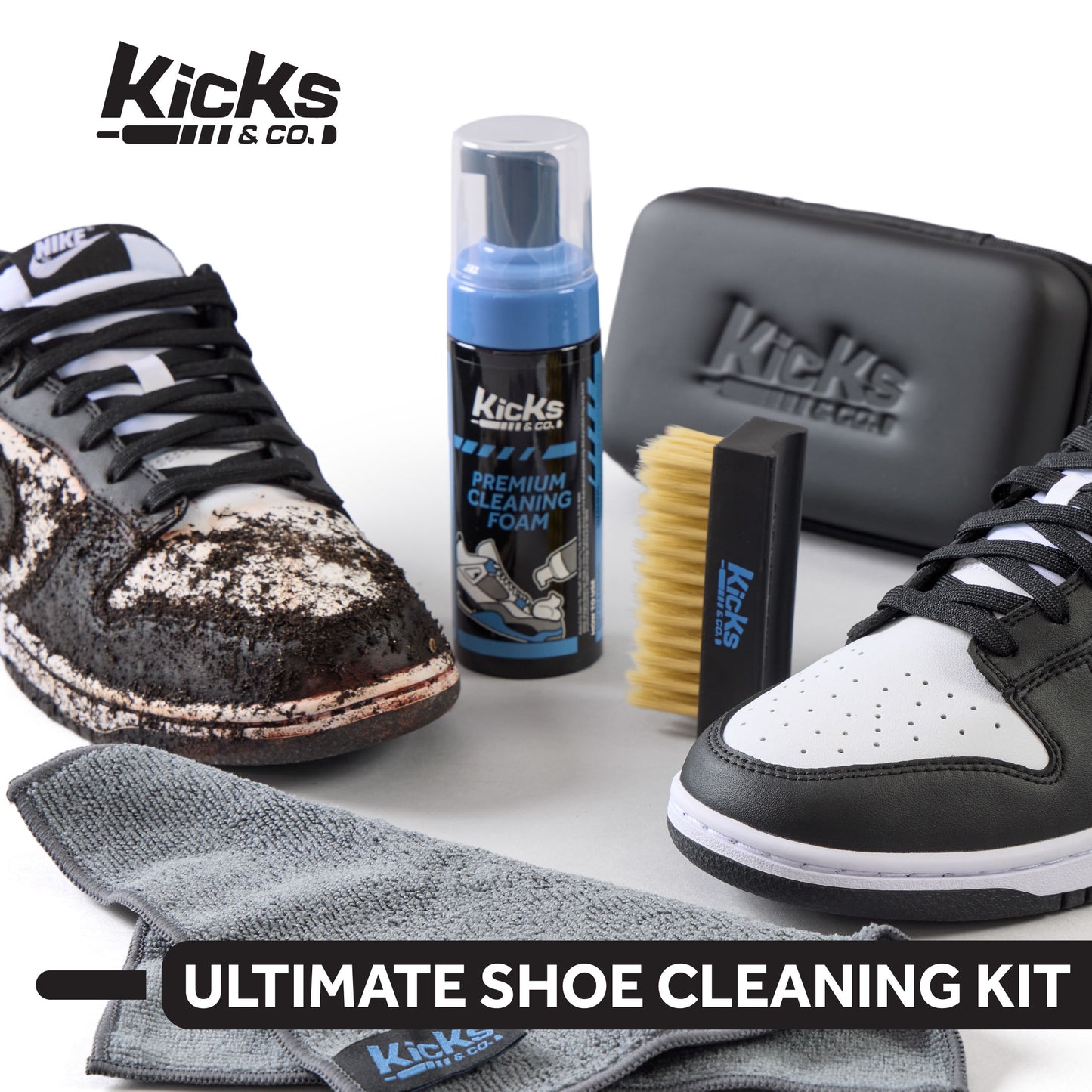 Kicks & Co Shoe Cleaning Kit, Includes Cleaning Solution, Brush, Towel, Zippered Travel Kit