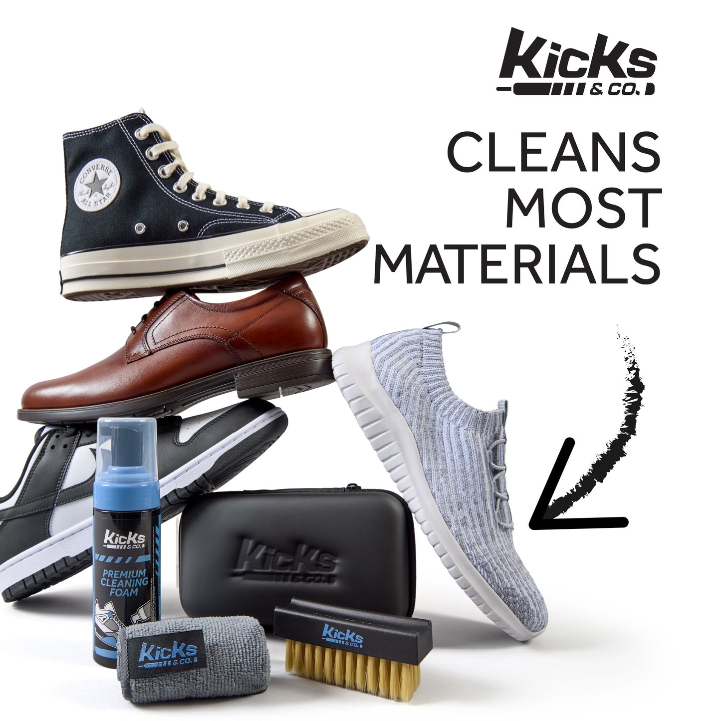 Kicks & Co Shoe Cleaning Kit, Includes Cleaning Solution, Brush, Towel, Zippered Travel Kit