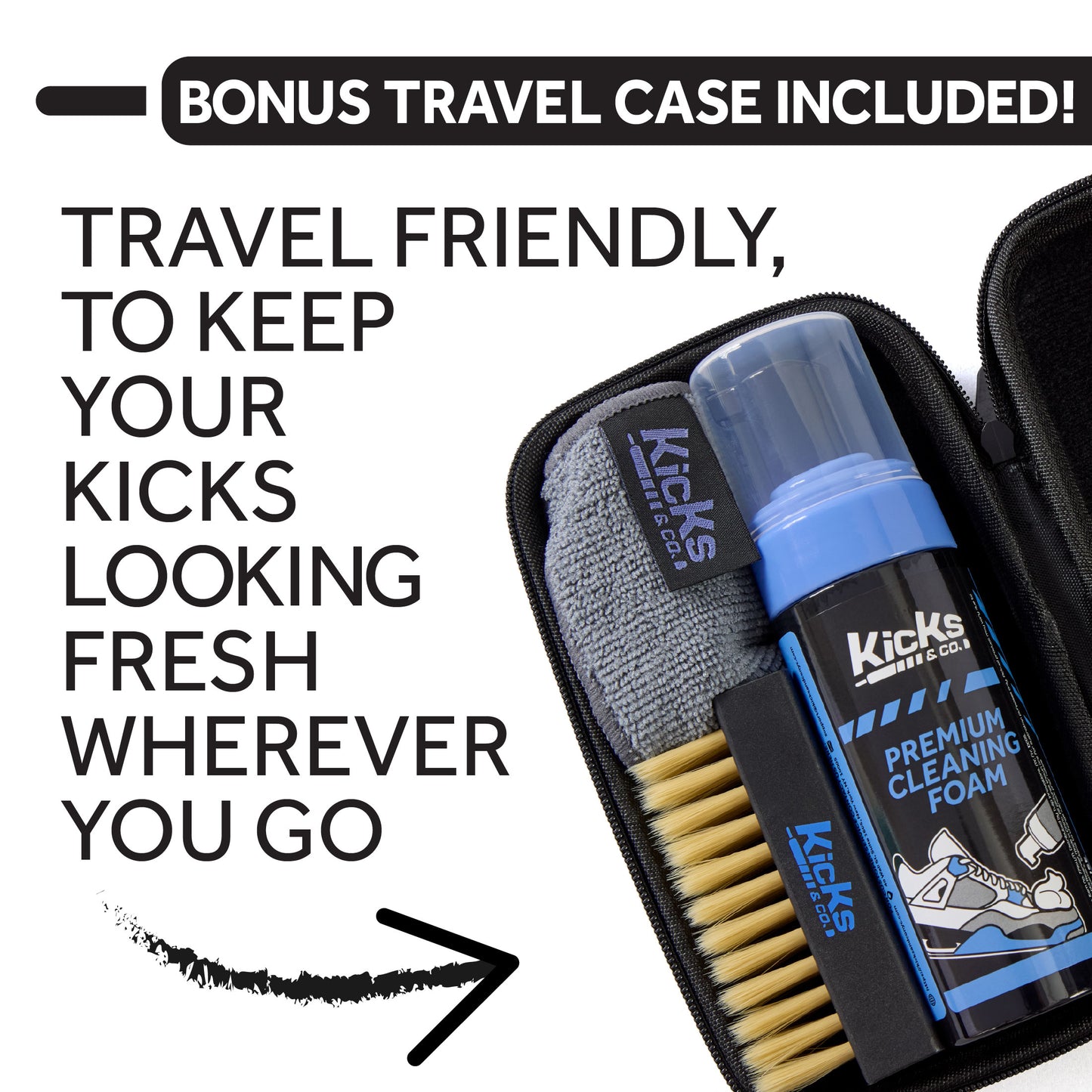 Kicks & Co Shoe Cleaning Kit, Includes Cleaning Solution, Brush, Towel, Zippered Travel Kit
